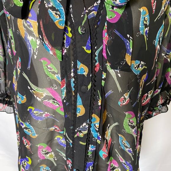 Uttam Boutique Sheer Colorful Bird Tie Neck Button Down Blouse Size Medium - Picture 4 of 15